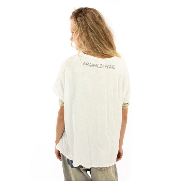 Magnolia Pearl “You Just Love” Cream Boyfriend Distressed Tee, One Size - Picture 3 of 9
